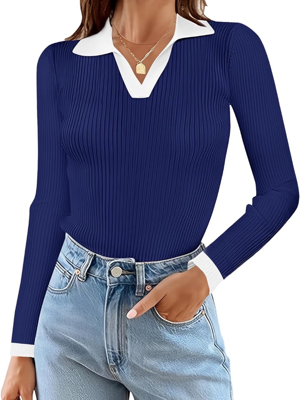 Navy Ribbed V-Neck Polo Long Sleeve Sweater
